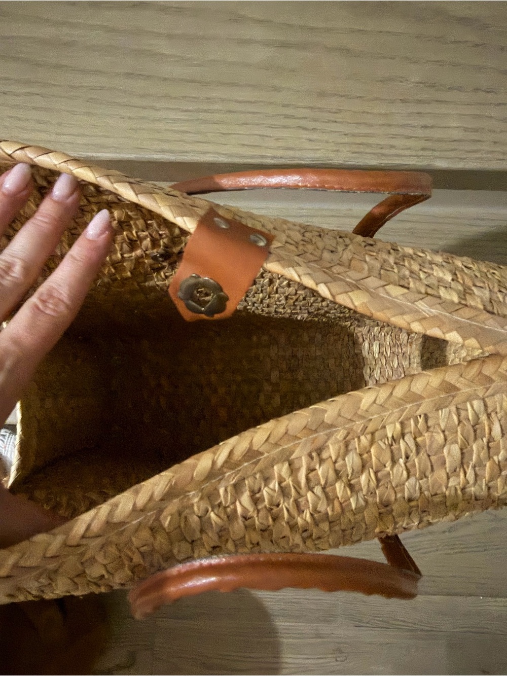 Woven Straw Satchel Bag with Pink & Purple Stripe - Picture 4 of 5
